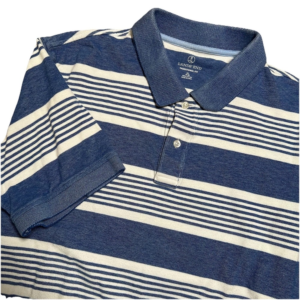 Lands End Men's XL Blue Striped Polo‎ Shirt Short Sleeve Traditional Fit